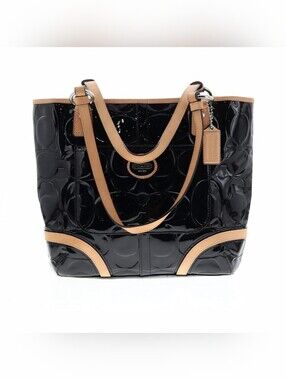 🖤Coach Black Patent Tote with Tan Leather Trim Embossed🖤